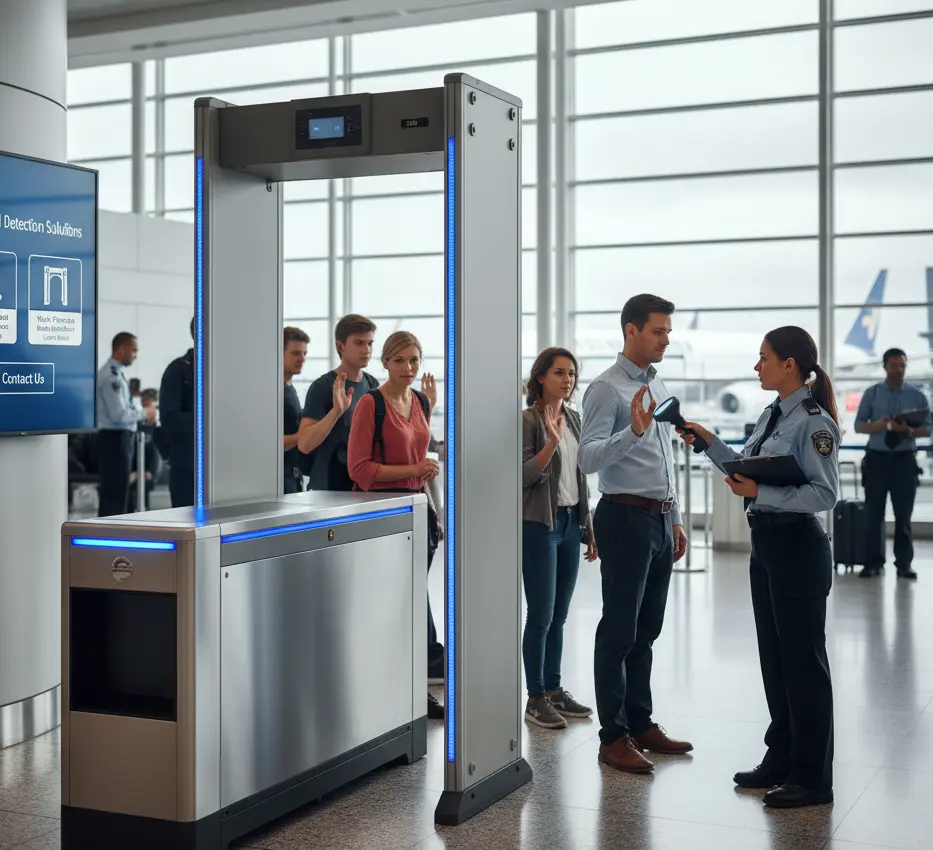 Security metal detector screening at high-traffic facility entrance with advanced detection technology